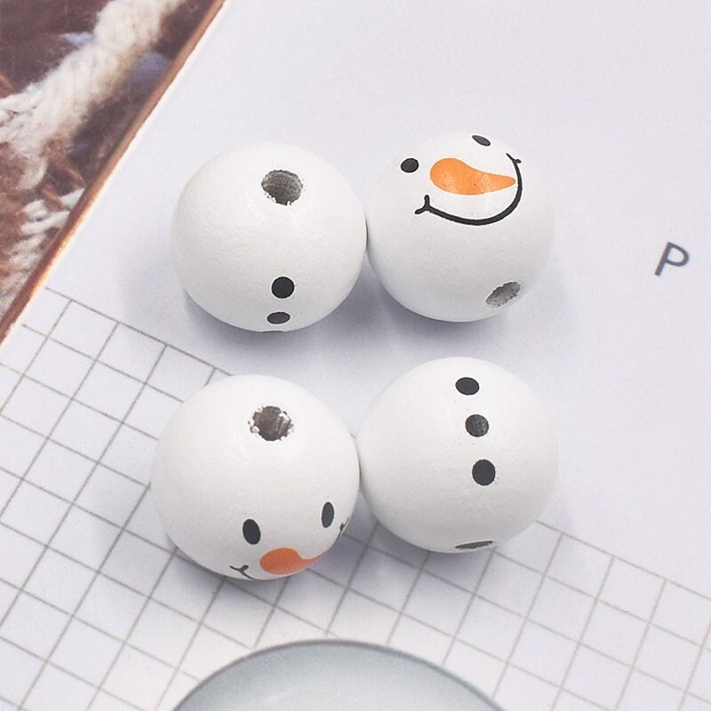 1/10/20/50Pcs 20MM White Printed Wooden Beads - Christmas Snowman Macrame Beads, Large Hole for Jewelry Making