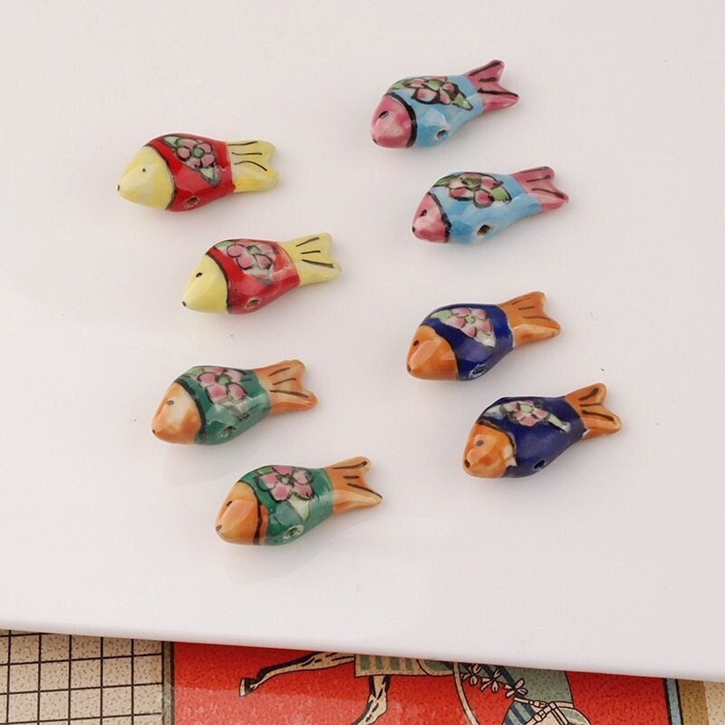 Hand-Painted Ceramic Fish Beads, 13x27mm Large Hole Macrame Beads