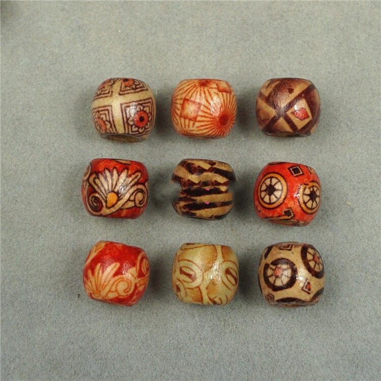 Painted Wooden Beads 11x12mm – Large Hole Patterned Macrame Beads