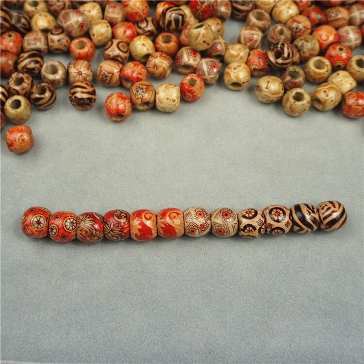 Painted Wooden Beads 11x12mm – Large Hole Patterned Macrame Beads