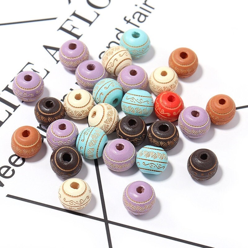Printed Wooden Beads 10mm – Large Hole Beads for Jewelry Making & Macrame