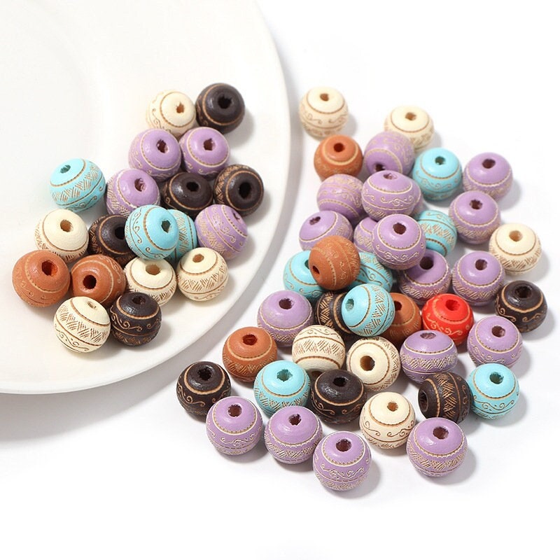 Printed Wooden Beads 10mm – Large Hole Beads for Jewelry Making & Macrame