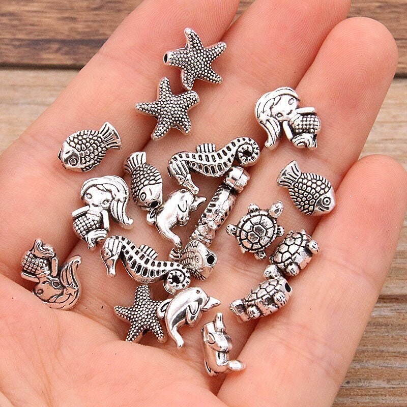 30 Sea Life Metal Beads – Mermaid, Turtle, Dolphin & Nautical Charms