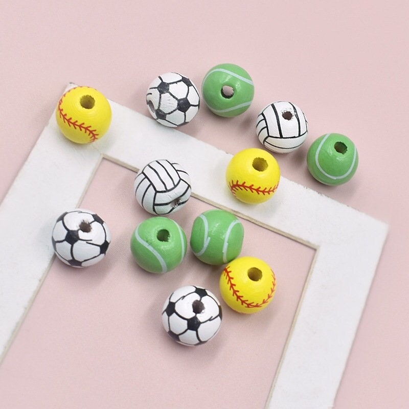 1/10/20PCS 16mm Printed Wooden Beads | Sports Balls Macrame Beads with 4mm Hole | Basketball, Football, Volleyball, Tennis, Baseball Beads for Jewelry Making