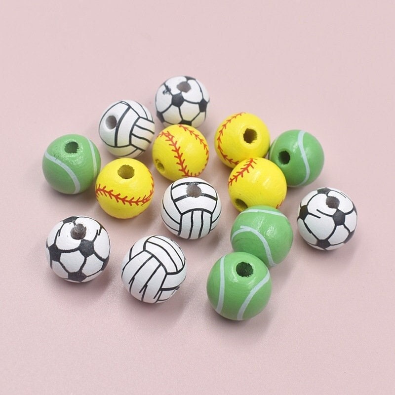 1/10/20PCS 16mm Printed Wooden Beads | Sports Balls Macrame Beads with 4mm Hole | Basketball, Football, Volleyball, Tennis, Baseball Beads for Jewelry Making