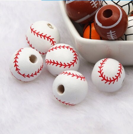 1/10/20PCS 16mm Printed Wooden Beads | Sports Balls Macrame Beads with 4mm Hole | Basketball, Football, Volleyball, Tennis, Baseball Beads for Jewelry Making