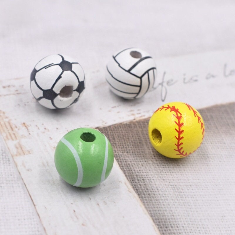 1/10/20PCS 16mm Printed Wooden Beads | Sports Balls Macrame Beads with 4mm Hole | Basketball, Football, Volleyball, Tennis, Baseball Beads for Jewelry Making