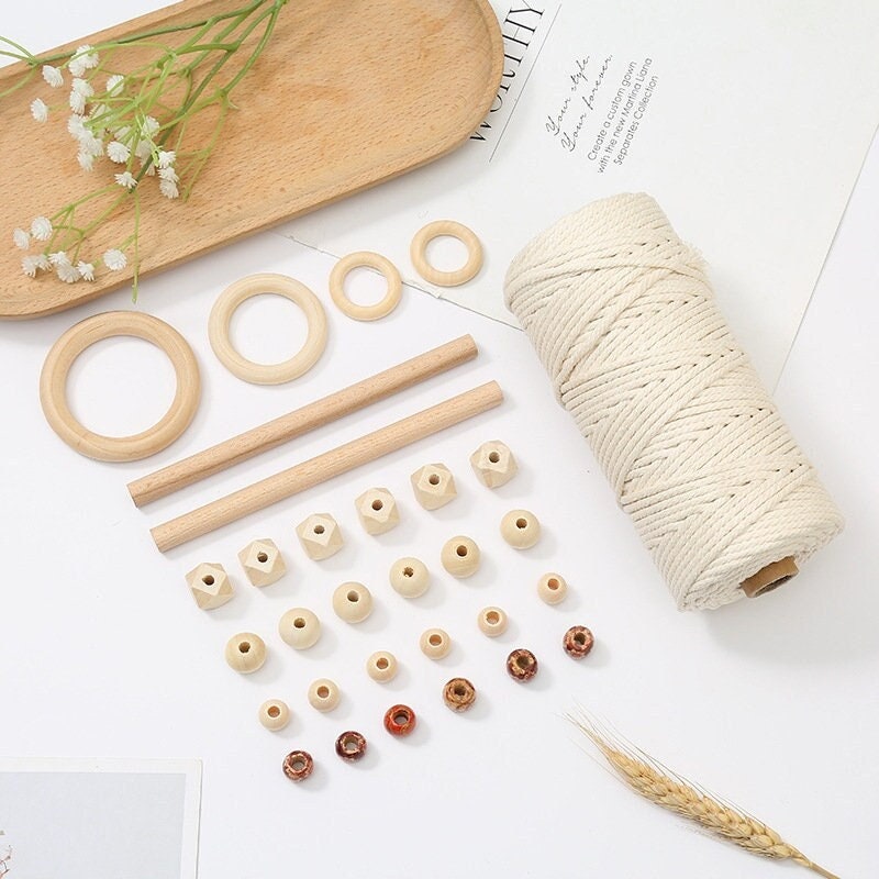 DIY Macrame Craft Kit for Beginners - Wall Hanging Starter Kit with Wood Beads, Cotton Rope, and Wooden Rings