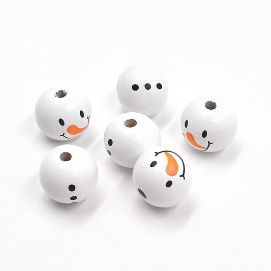 1/10/20/50Pcs 20MM White Printed Wooden Beads - Christmas Snowman Macrame Beads, Large Hole for Jewelry Making