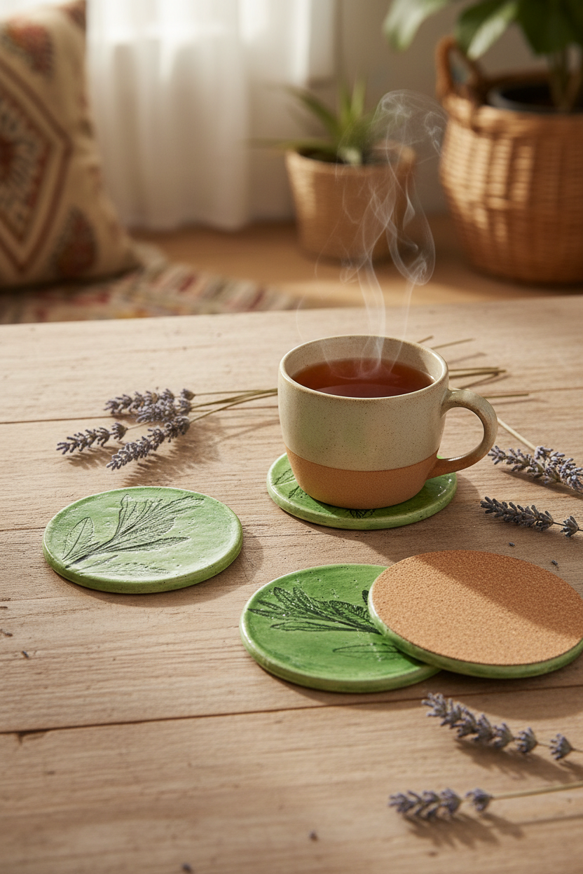 3 handmade ceramic coasters with green lavender leaf design styled on wooden table with tea and lavender