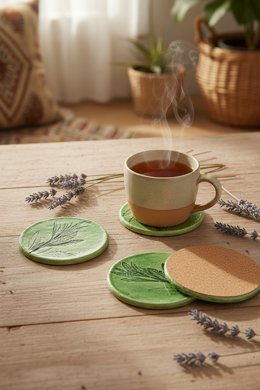 3 handmade ceramic coasters with green lavender leaf design styled on wooden table with tea and lavender