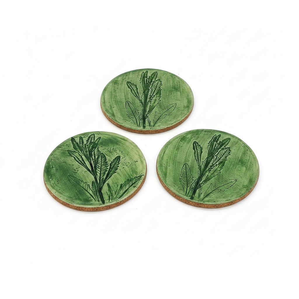 3 handmade ceramic coasters with green lavender leaf design and cork backing on white background