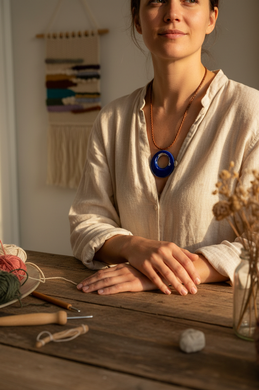 Designer Handmade Ceramic Pendant - Large Round Dark Blue Pendant lifestyle photo