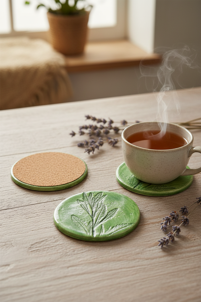 Handmade ceramic coaster with green lavender leaf design as focal point with cork backing visible, styled on wooden table with tea and lavender