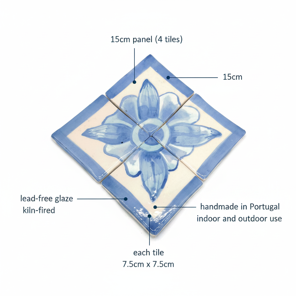 Four square ceramic tiles forming a 15 cm floral panel