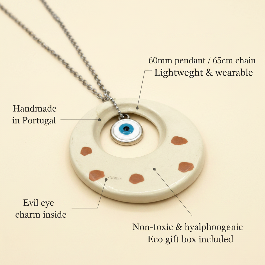 Large ceramic evil eye pendant necklace size detail