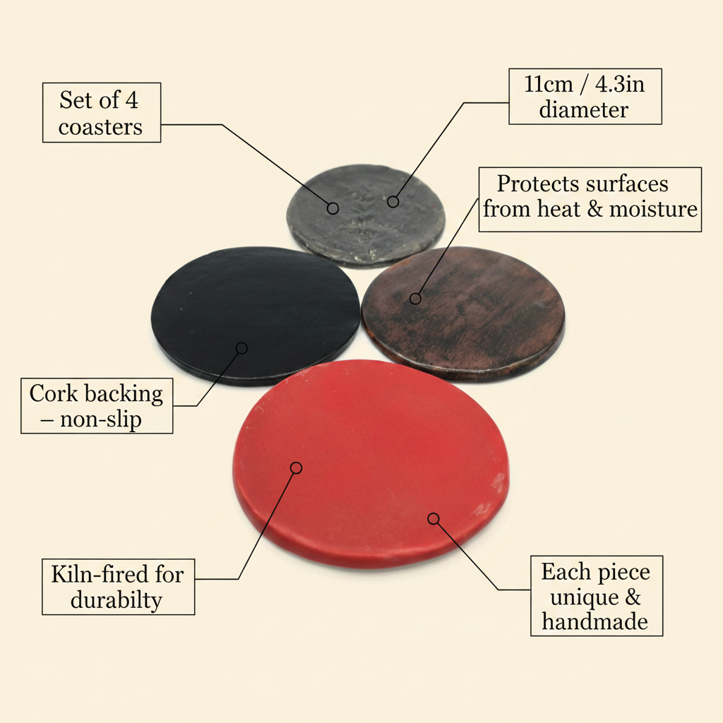 Size and cork backing details for ceramic coaster set