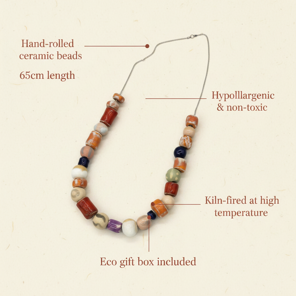 Ceramic beaded necklace styled with clothing