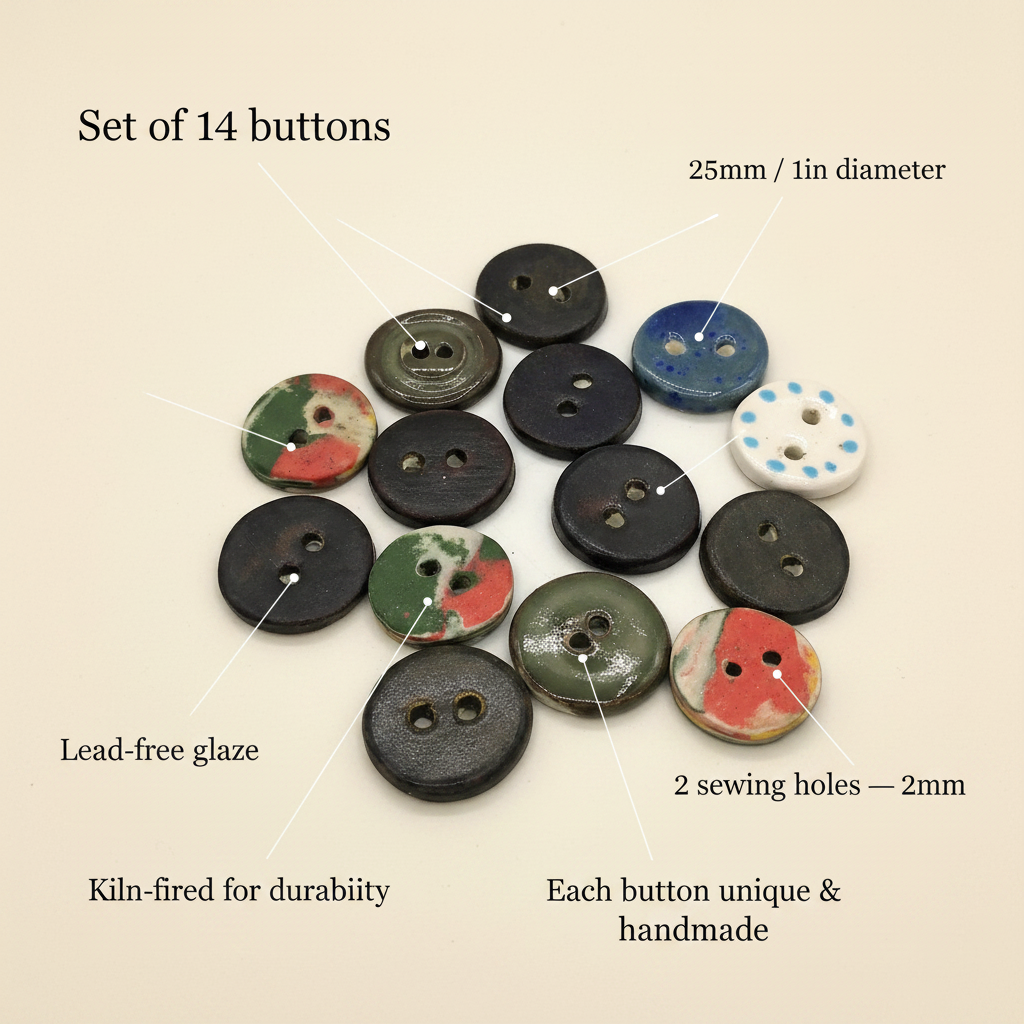 Details of handmade ceramic button size and thickness