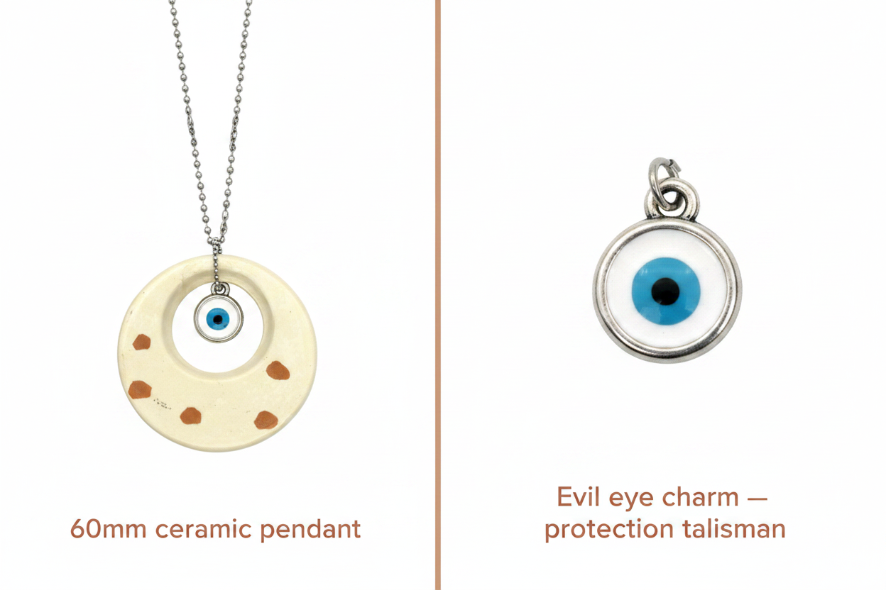 Handmade ceramic evil eye pendant necklace length detail