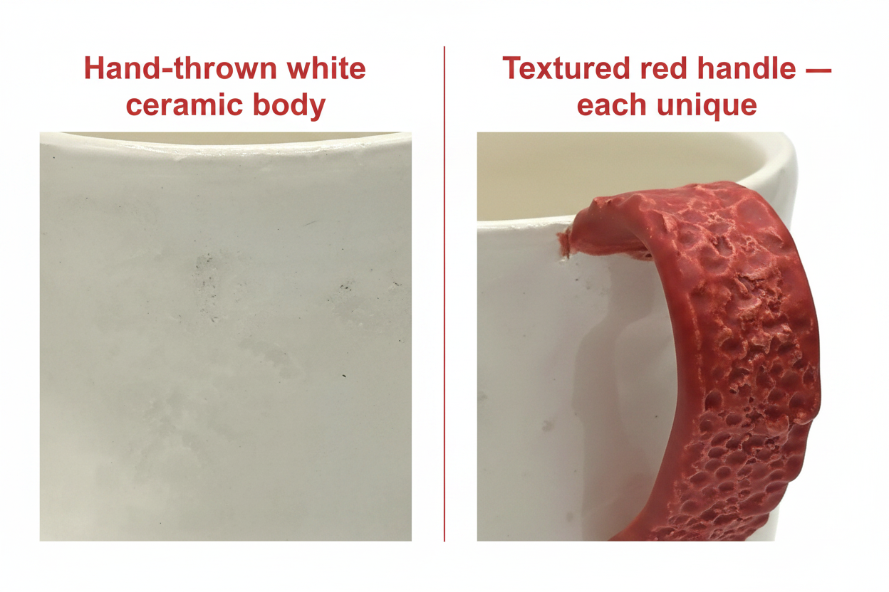 Hand-painted finish on red and white ceramic mug