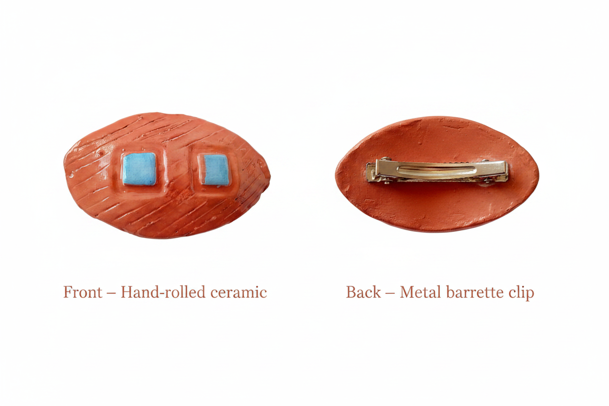 Details of handmade ceramic hair barrette