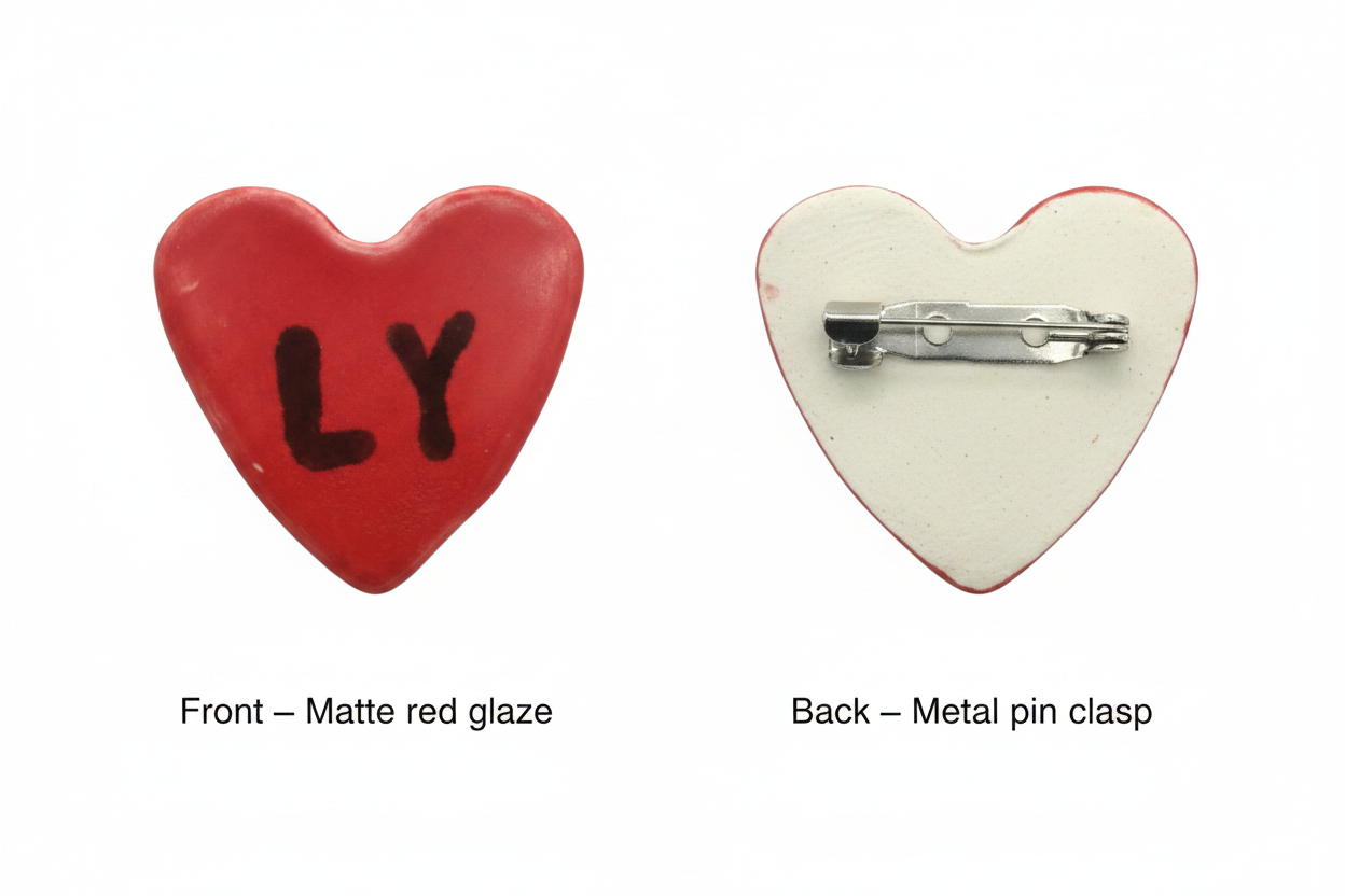Size details for handmade ceramic heart brooch