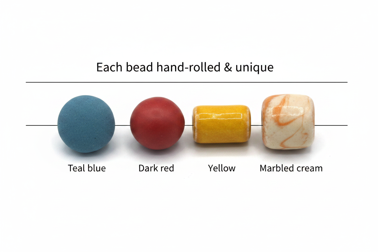Colorful handmade ceramic bead necklace length detail