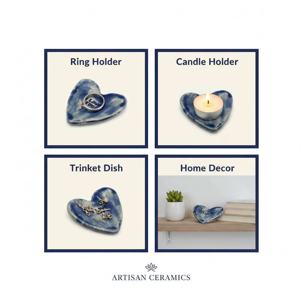 Size details for blue ceramic heart ring dish