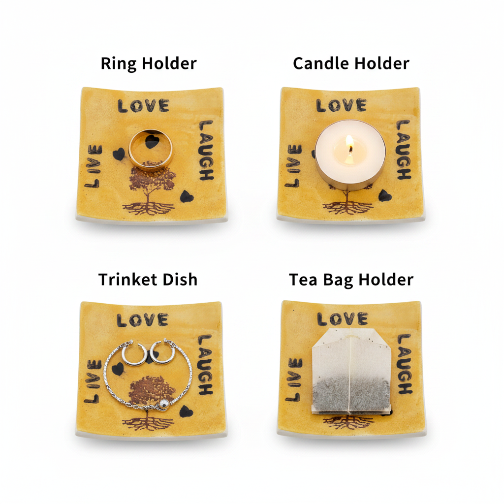 Details of handmade ceramic Live Laugh Love ring dish