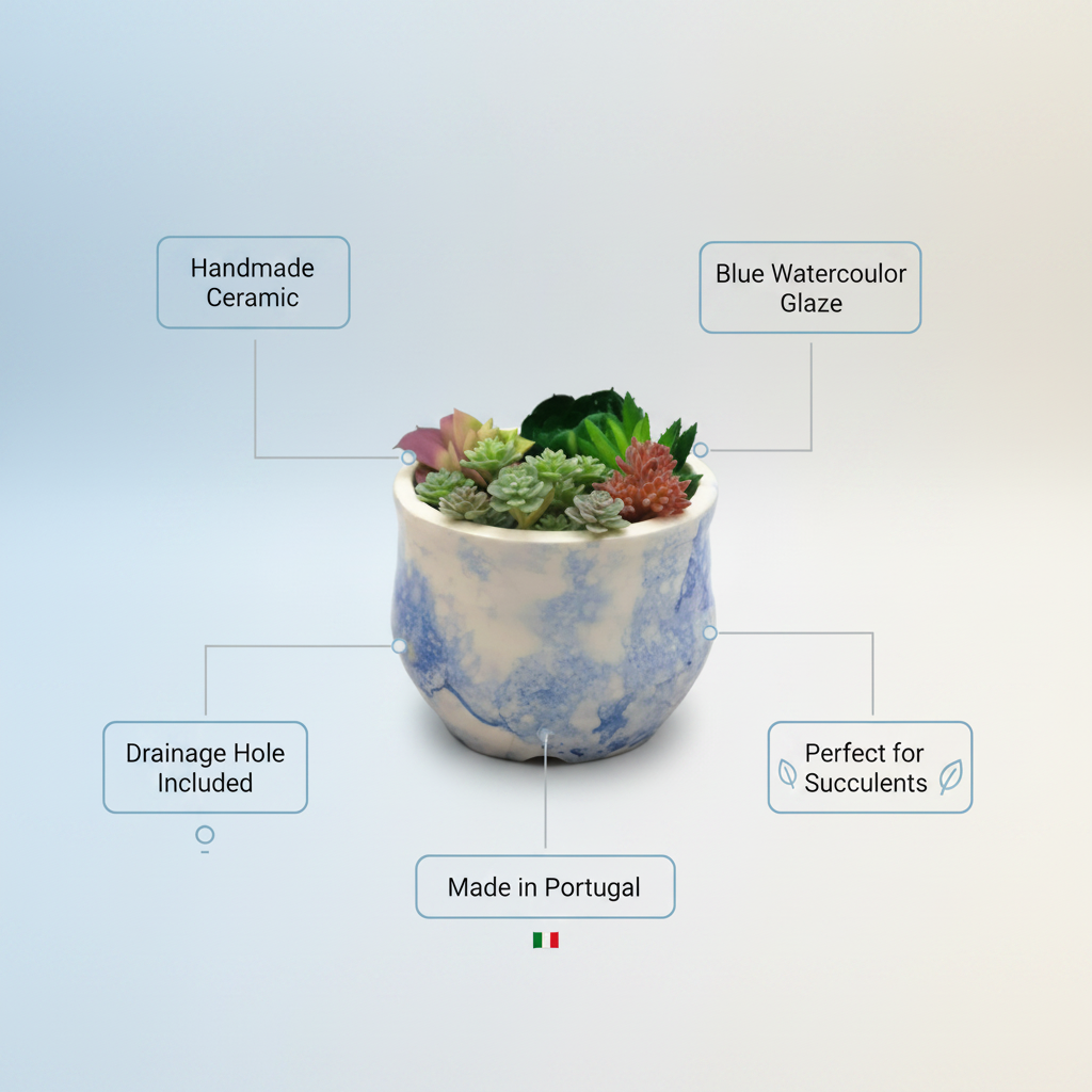 Blue succulent planter dimensions and drainage-hole infographic