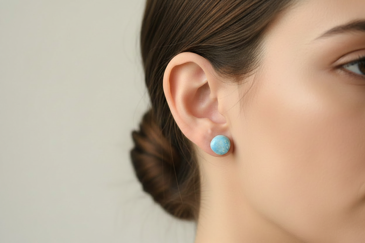 Blue handmade ceramic stud earring worn on an ear