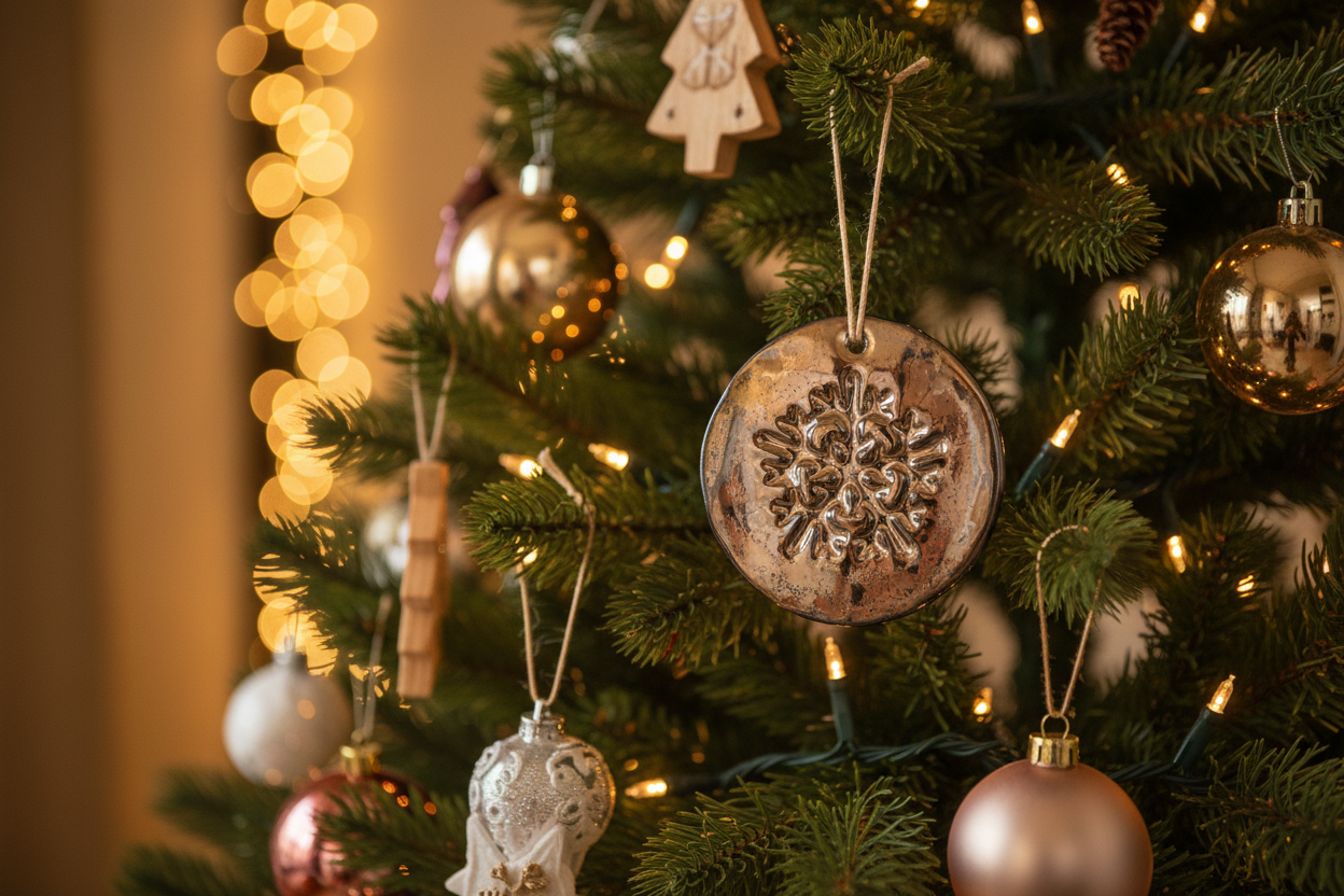 Gold ceramic snowflake ornament hanging on a Christmas tree