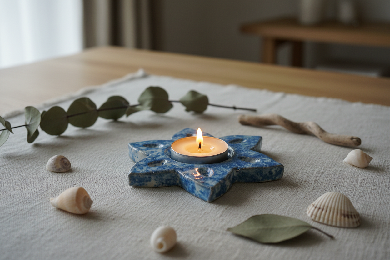Handmade ceramic star candle holder in a coastal-style setting