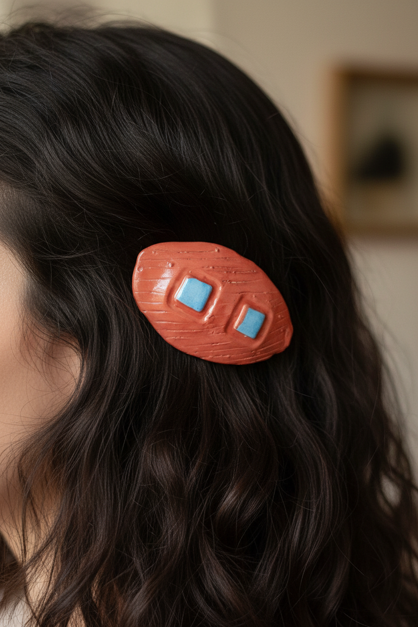 Red and blue ceramic hair barrette styled in hair