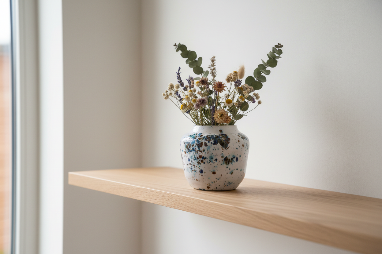 Speckled ceramic bud vase styled with dried flowers on a shelf