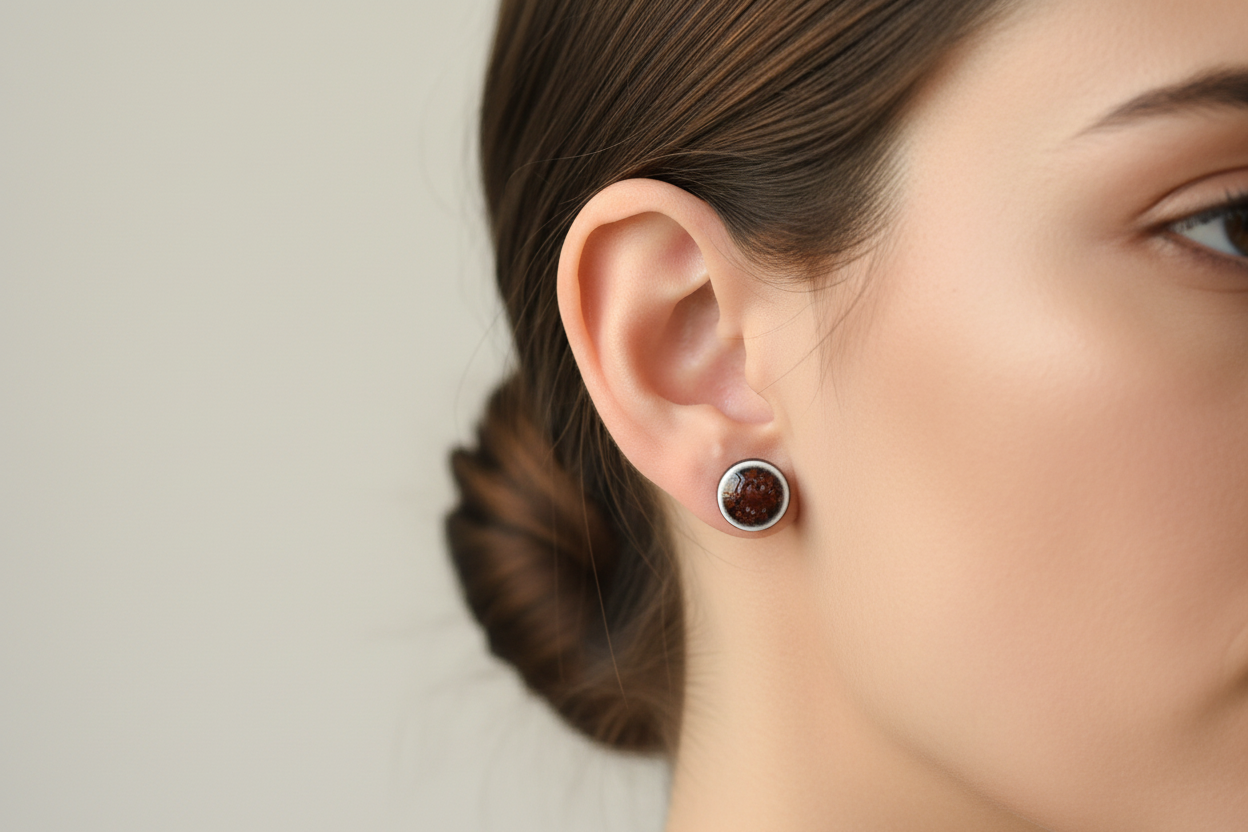 Black and reddish ceramic stud earring worn on an ear