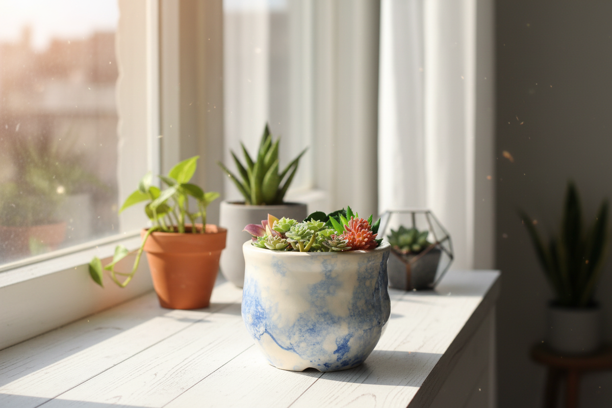 Blue and white ceramic planter on a windowsill