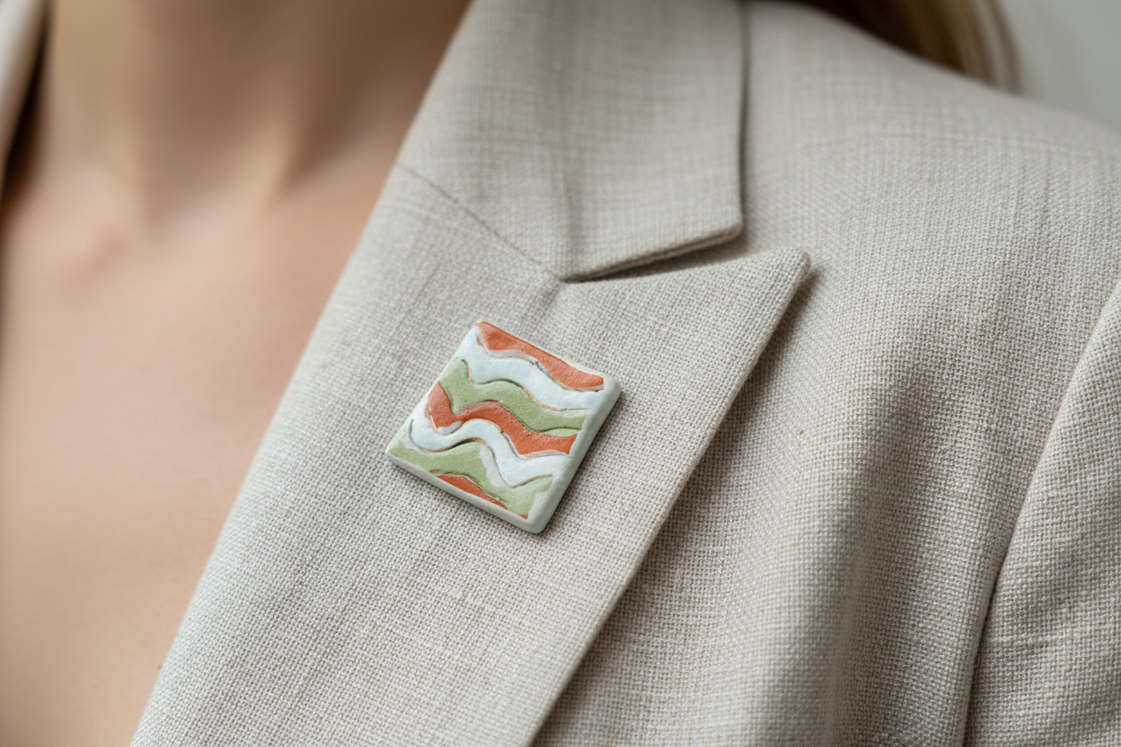 Handmade square ceramic brooch worn on beige blazer lapel