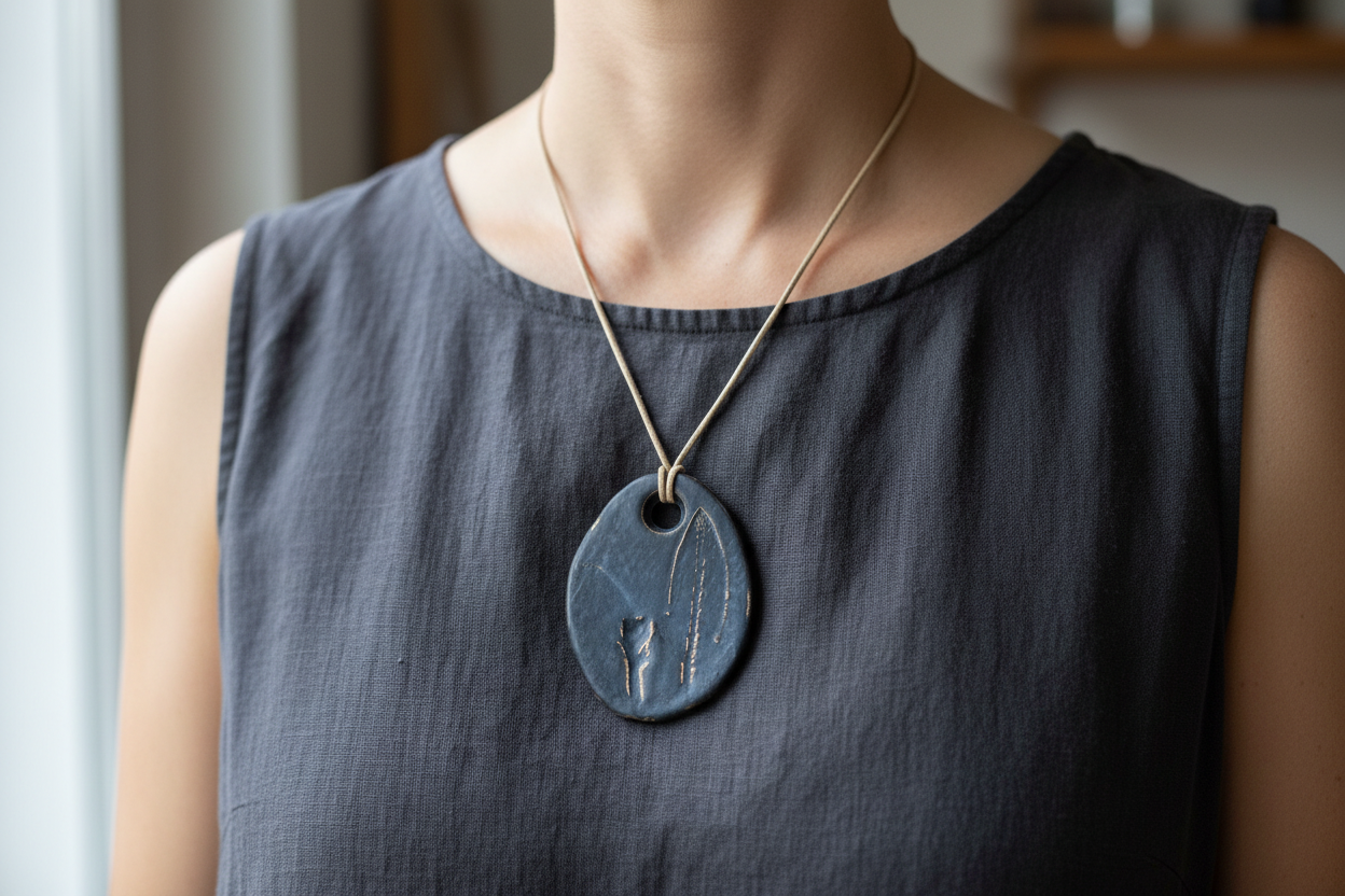 Large sage ceramic leaf pendant worn as a necklace