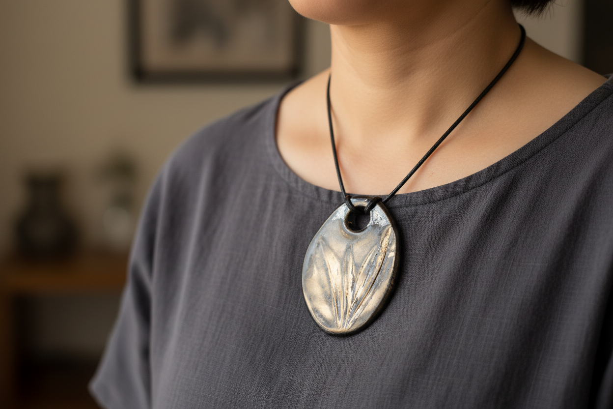 Handmade ceramic leaf pendant styled as a necklace charm