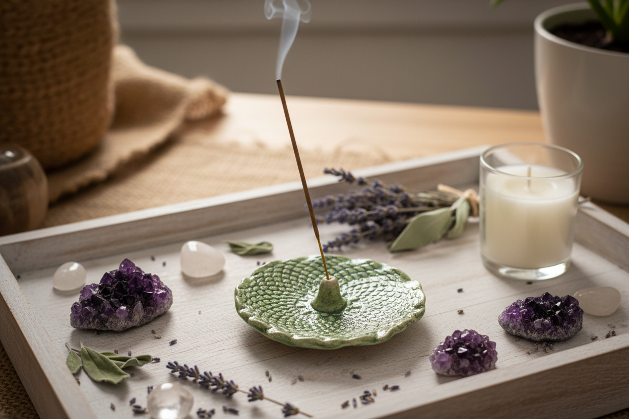 Green ceramic incense holder in relaxing tray setting with candle and lavender