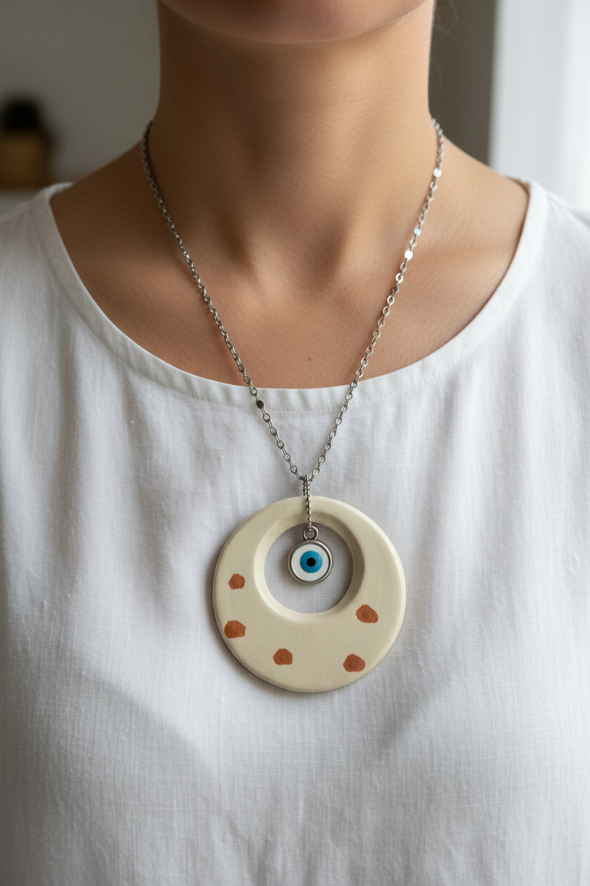 Handmade ceramic evil eye necklace worn as statement jewelry