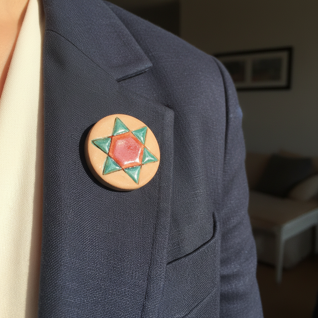 Handmade ceramic star pin in a styled setting