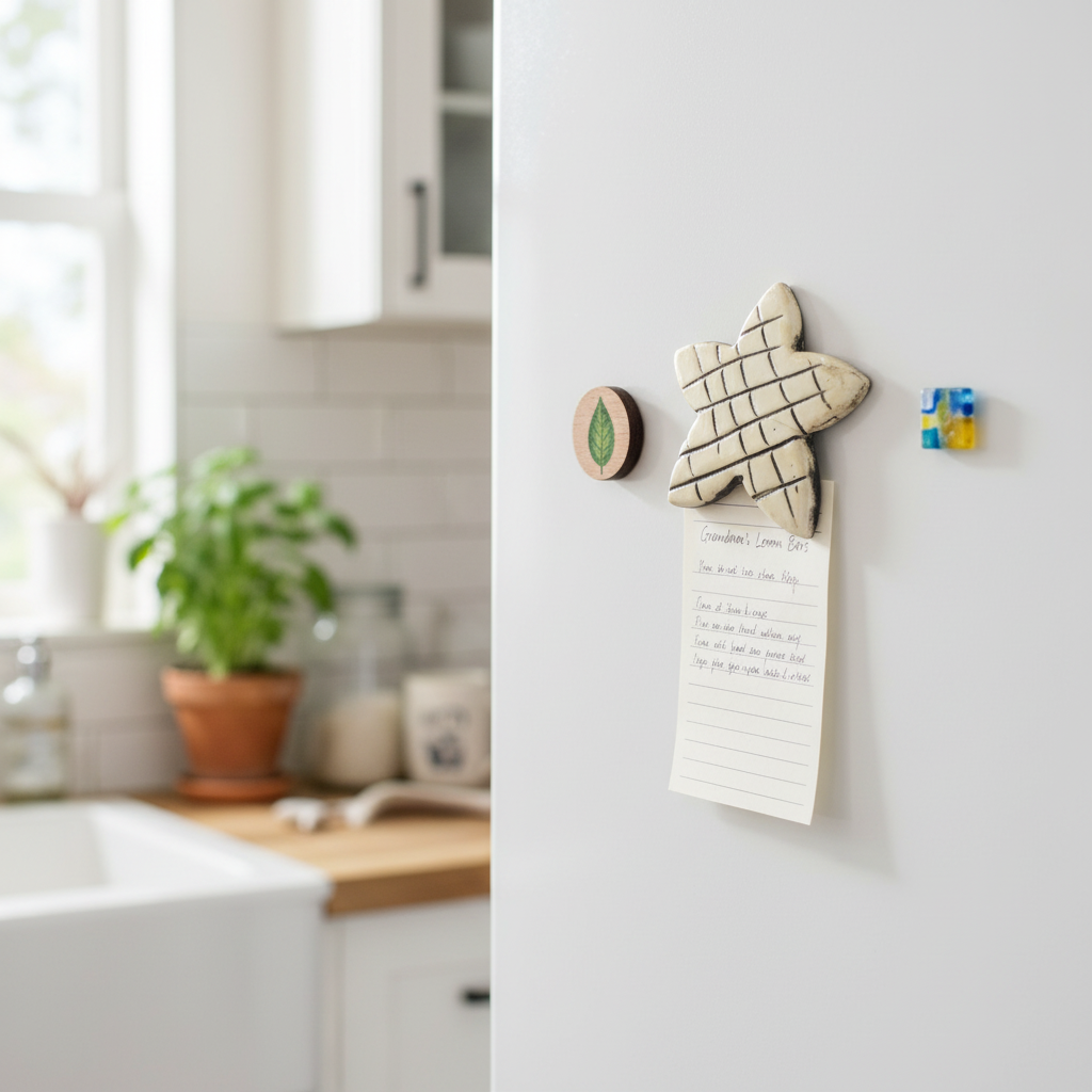 Ceramic star fridge magnet holding a note in kitchen setting
