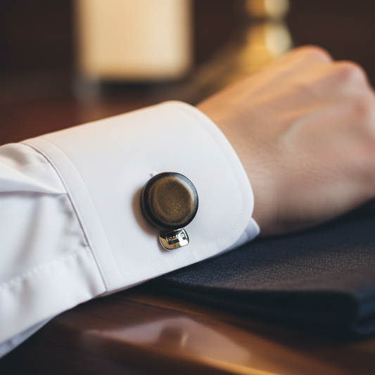 Handmade ceramic cufflinks styled with a formal shirt