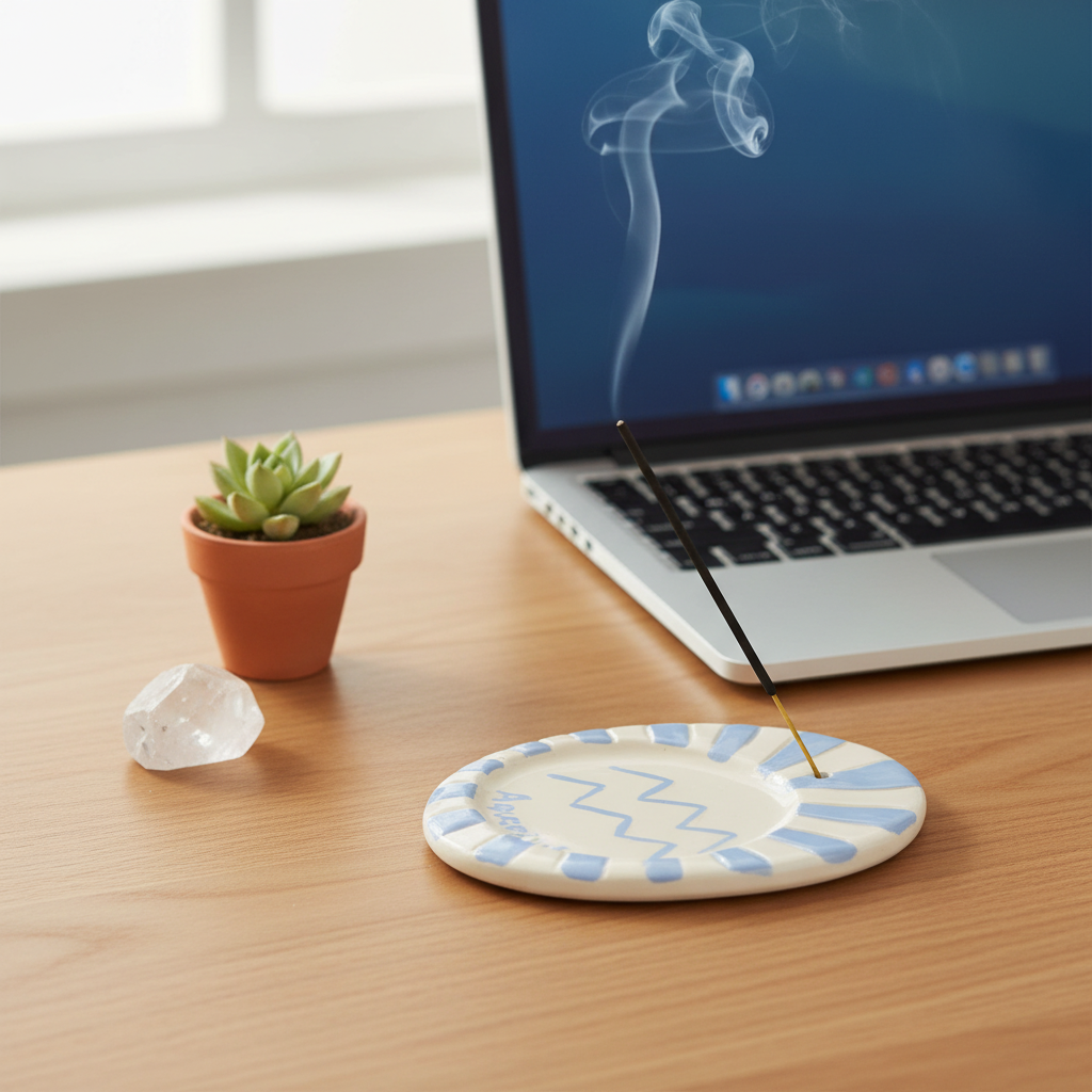 Handmade Aquarius zodiac incense holder styled on a desk