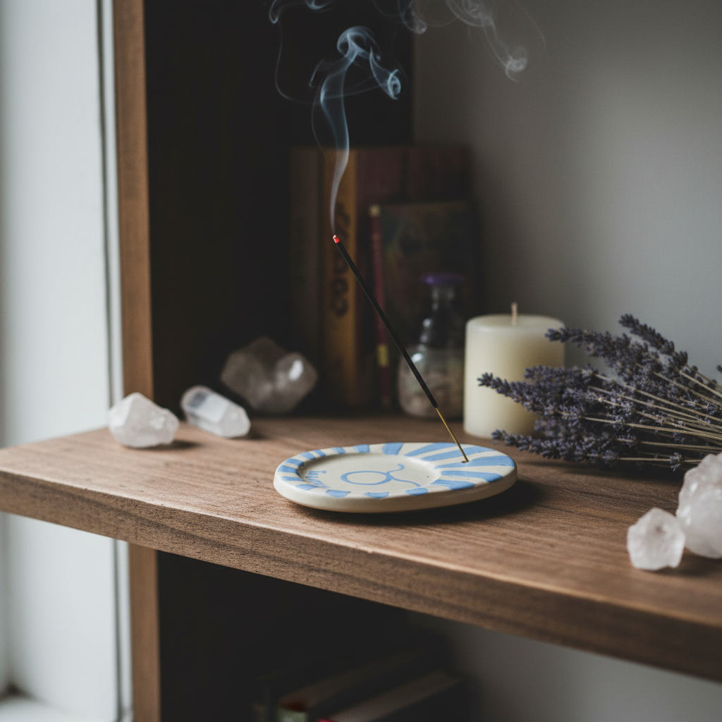 Blue and white zodiac incense holder displayed on a shelf