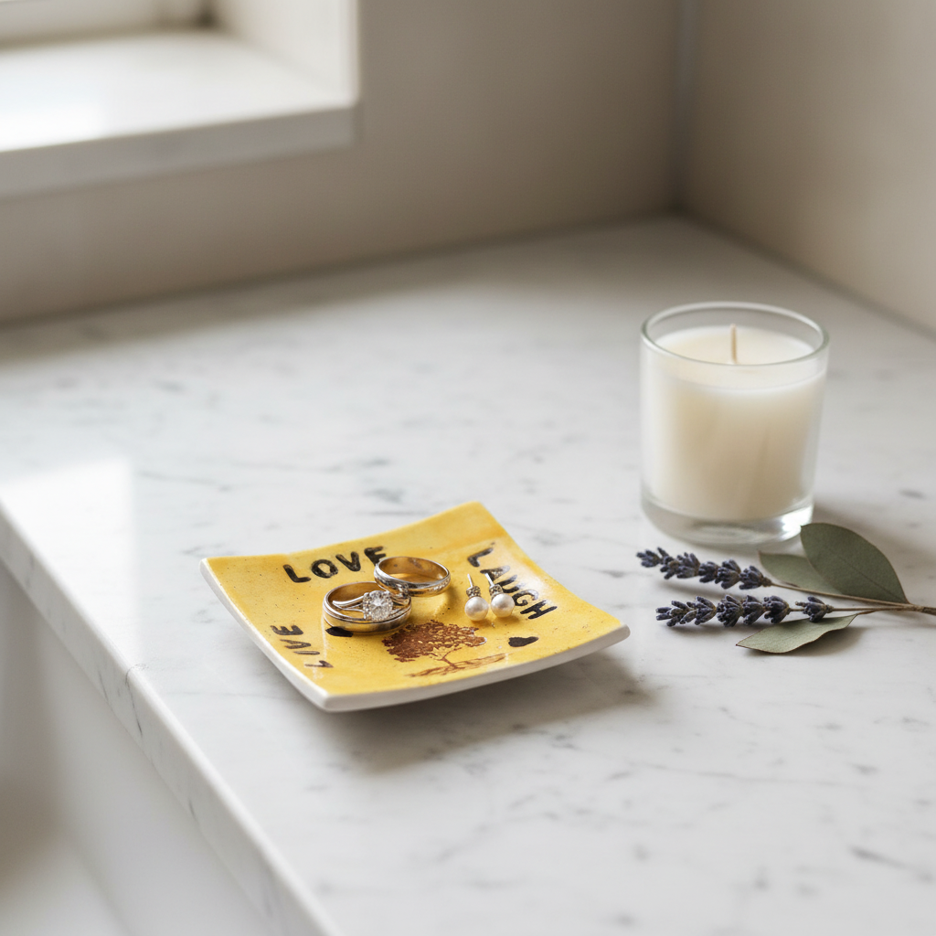 Live Laugh Love ceramic trinket dish in home setting
