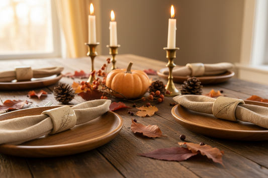 Handmade ceramic leaf napkin ring styled on a dining table